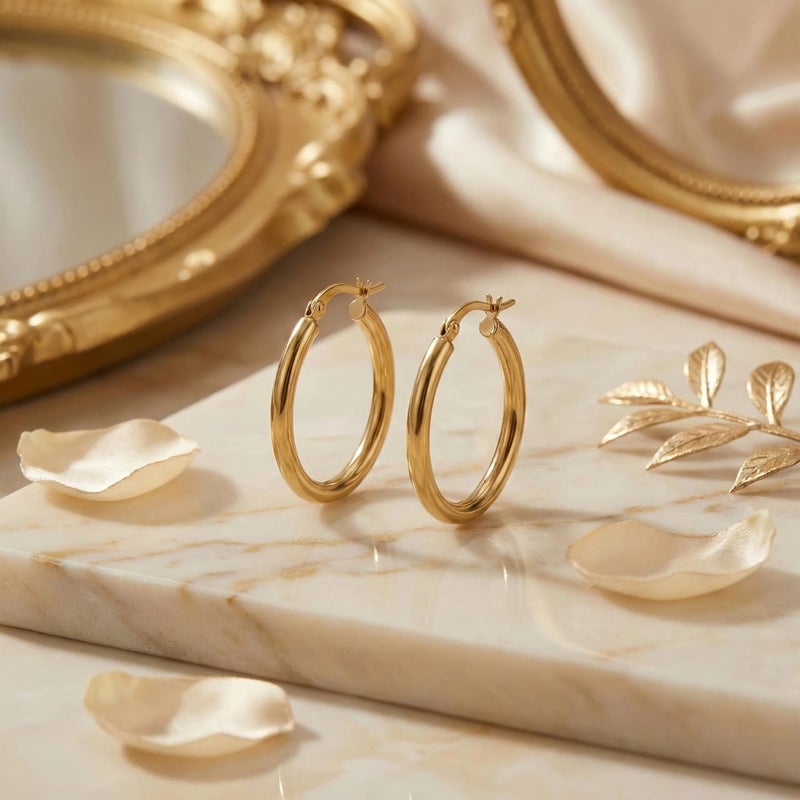 حلق دائري ذهبي متوسط الحجم مصنوع من الستانلس ستيل المقاوم للصدأ، تصميم انسيابي أنيق لامع. 
خفيف ومريح، يضيف لمسة عصرية ناعمة لإطلالتكِ اليومية. - Image 4